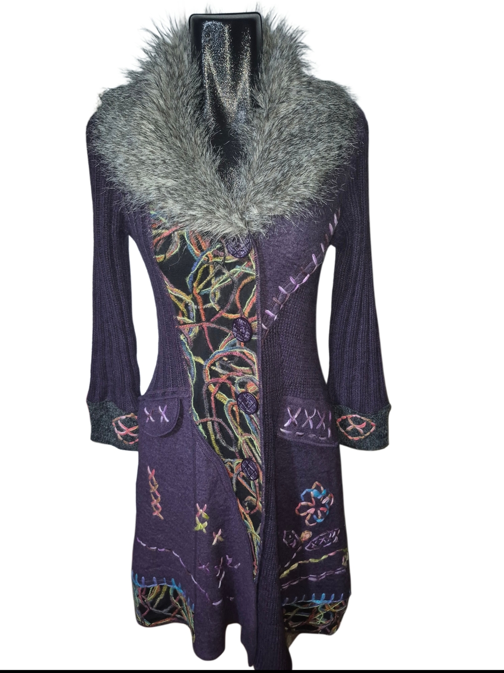 Vintage Y2K Purple Wool Blend Faux Fur Collar Boho Embroidered Cardigan Jacket S